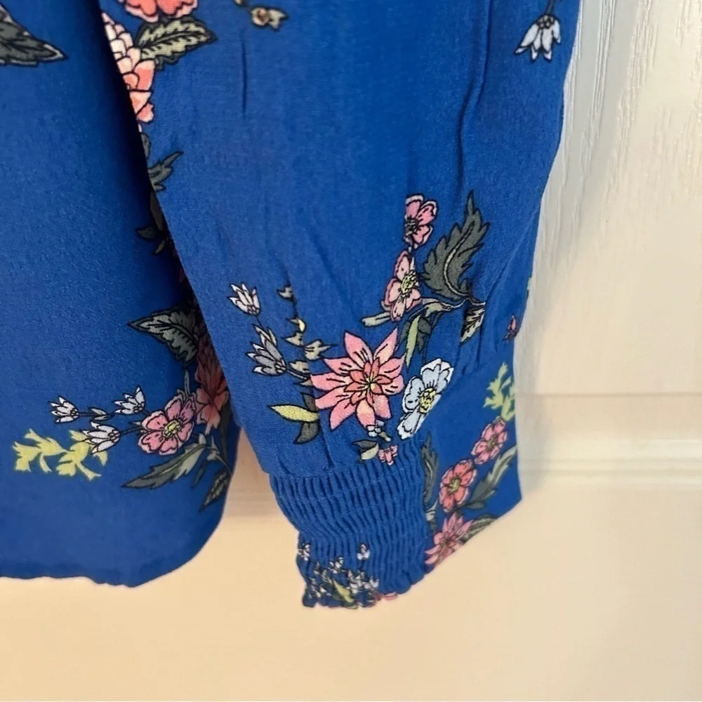 Loft Floral Ruffle V-Neck Long Puff Sleeve Blouse in Royal Blue Floral Size XSP